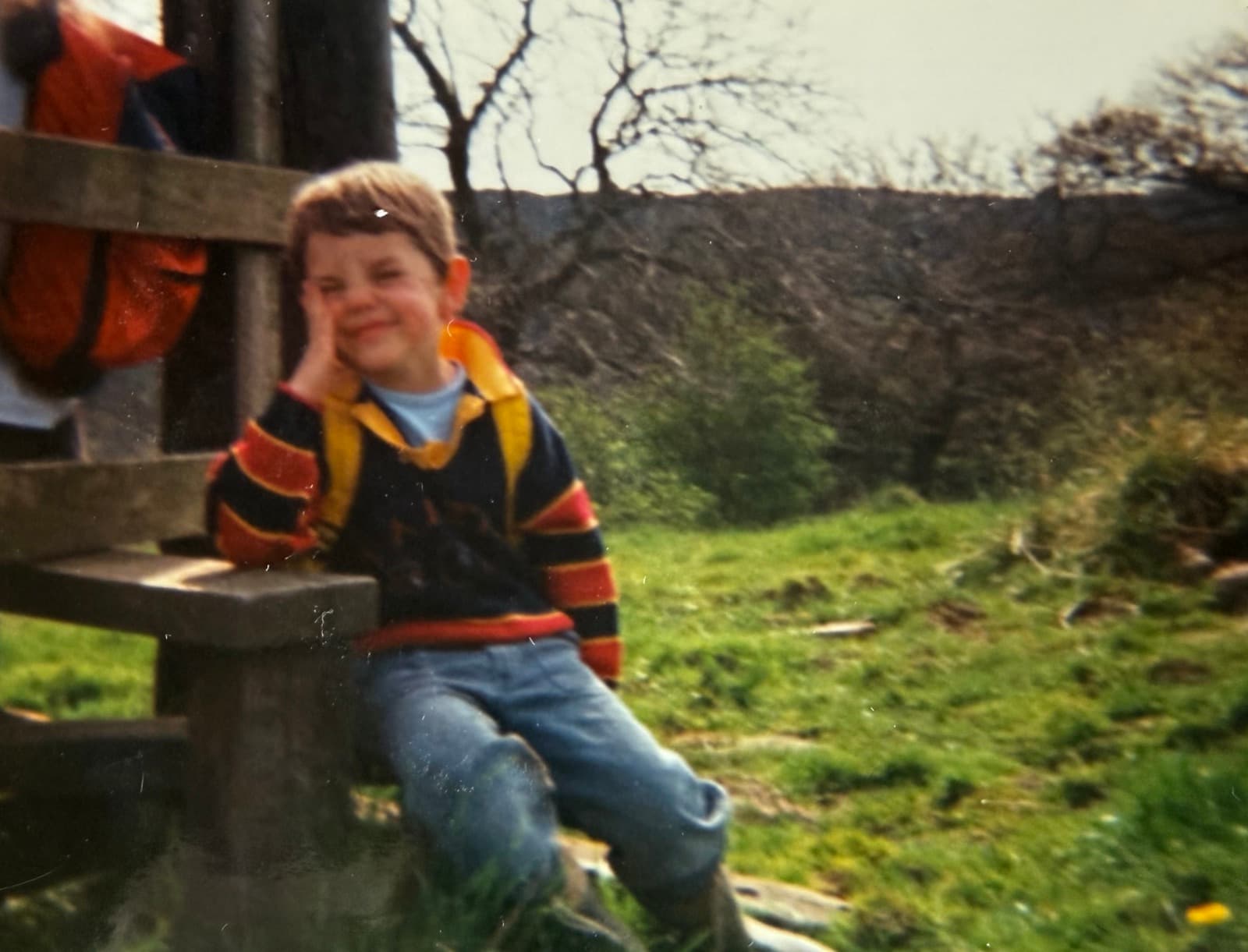 A child sitting on a wooden stile